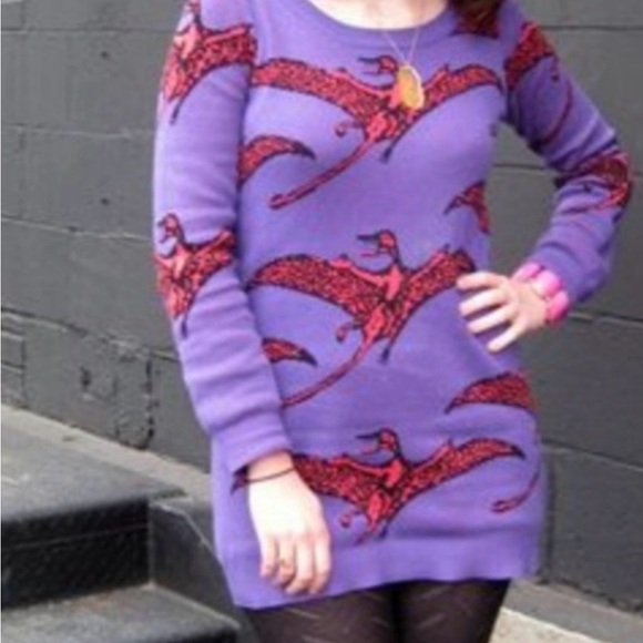 Vintage Betsey Johnson Pterodactyl Dinosaur 80s Punk Rare Sweater Dress Sz L - Picture 2 of 9